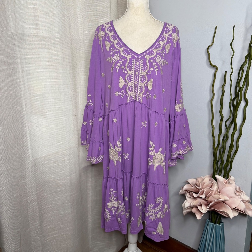 Johnny Was Arzella Dress Embroidered Tiered Bell Sleeve Purple Butterflies 2X